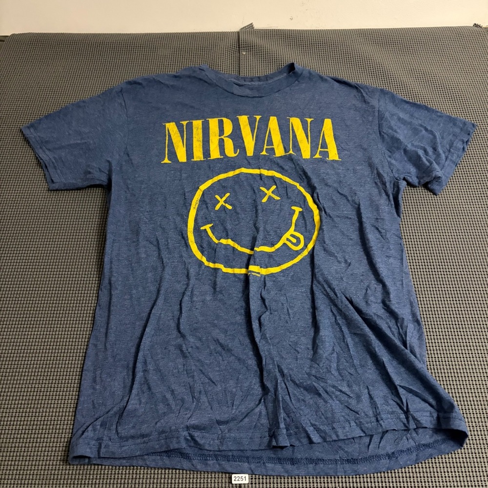 Nirvana Smiley Face Graphic T-Shirt Mens Large Blue Heather Short Sleeve Tee